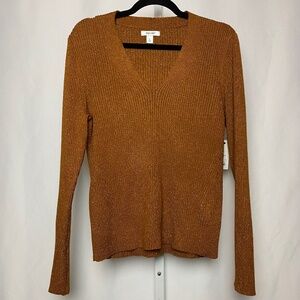 NWT Nine West Womenʻs Long Sleeve Rust Metallic V Neck Sweater XL